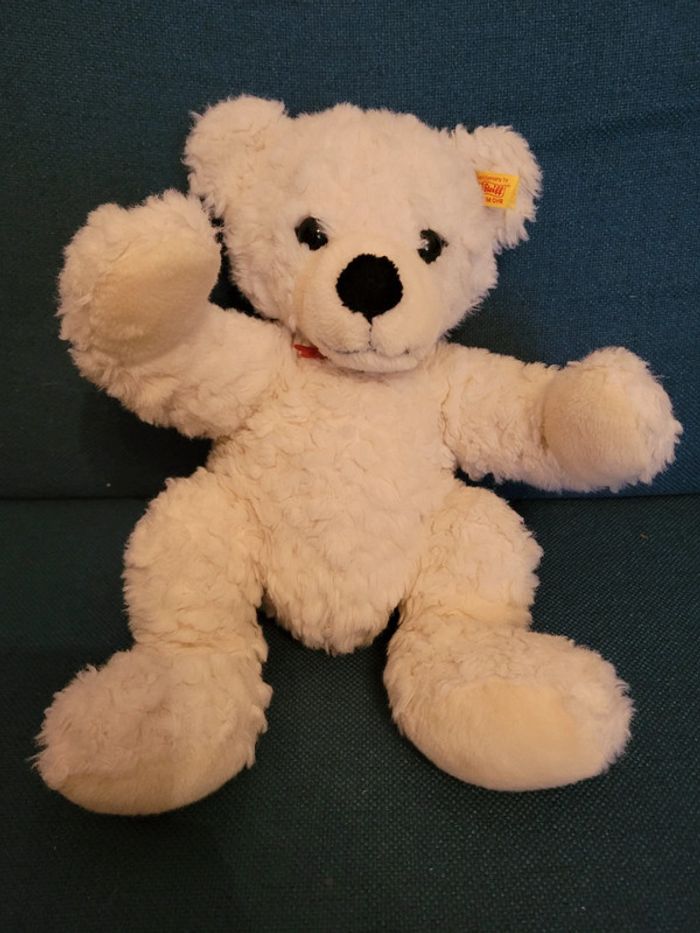 Grand Ours peluche Steiff 35cm gros doudou Chiné blanc noeud rouge traditionnel collection - photo numéro 2