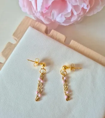 1 paire de boucles d'oreilles dorée or en acier inoxydable perles rose