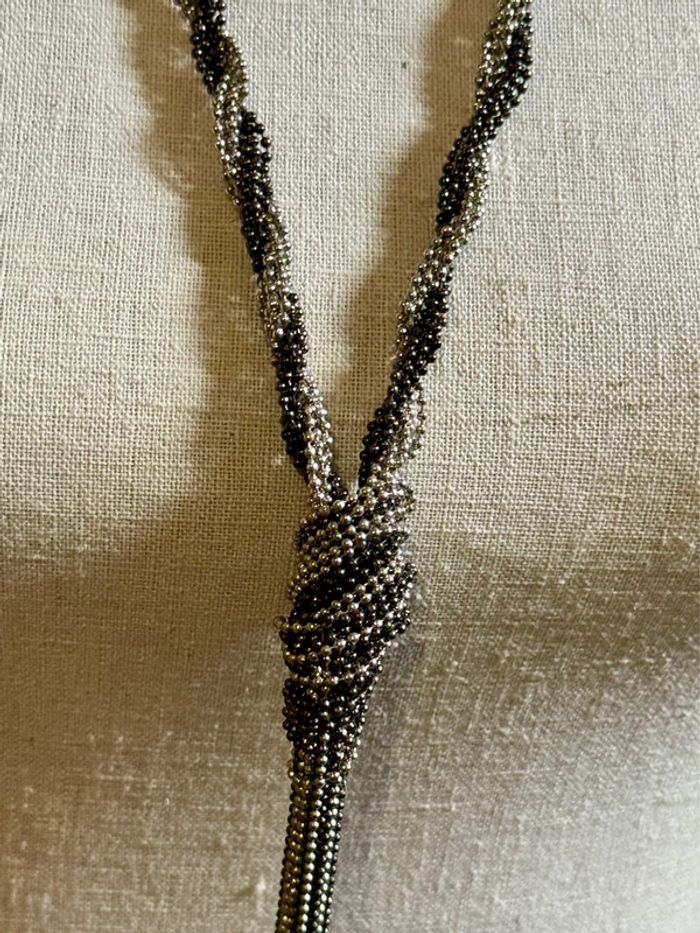 Collier sautoir chaînes éboulés tressées acier inoxydable argent et noir - photo numéro 5
