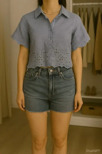 Chemise crop top bleue broderie anglaise