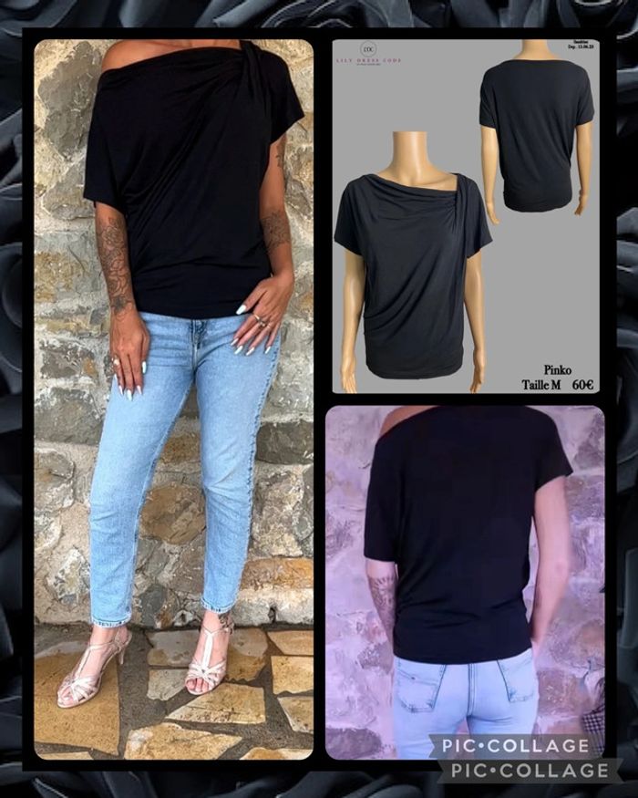 🖤 Top noir asymétrique drapé  – Élégance italienne signée Pinko SOLDÉ -40% (vidéo portée dispo ) 🖤