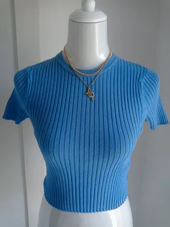 Haut crop top beau bleu côtelé manches courtes T.M Jennyfer