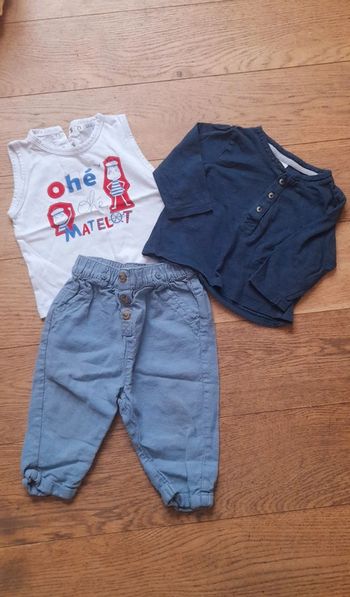 Ensemble garcon 12 mois pantalon lin bleu rouge blanc tee shirt