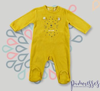 Pyjama Dors-bien grenouillère velours jaune gris félin Kiabi 9 mois 71 cm garçon