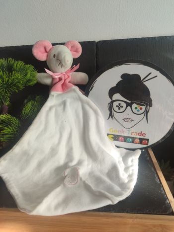 Doudou mouchoir souris Sucre d'orge rose blanc cajou noeud range peluche Velour