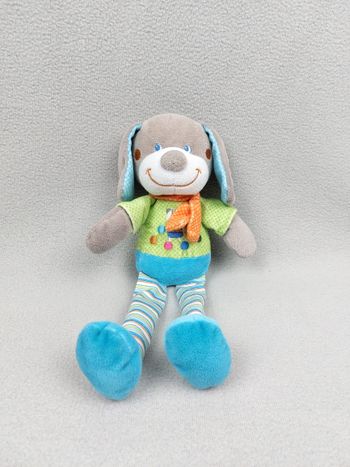 Doudou peluche chien vert bleu MOTS D'ENFANTS écharpe orange chat 30 cm Leclerc