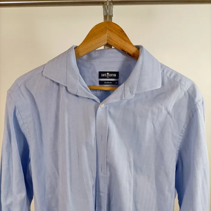 Chemise bleu ciel coton motif chevrons Café Coton Paris taille 40/41 A1302 - photo numéro 3