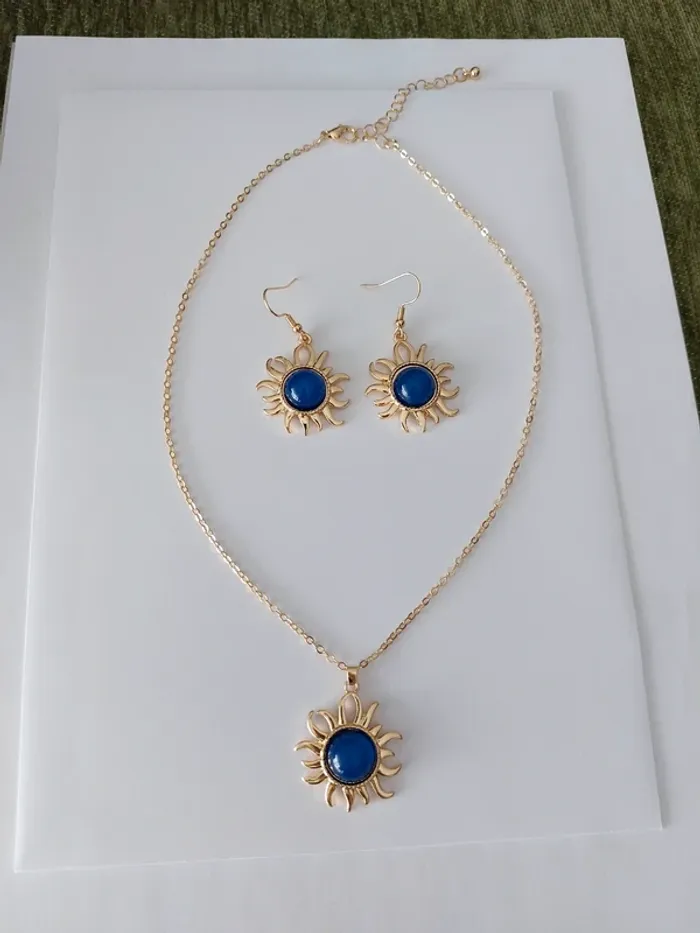 Parure collier et boucles d'oreilles  - soleil bleu - acier inoxydable - tendance bohème 🌊 - photo numéro 7