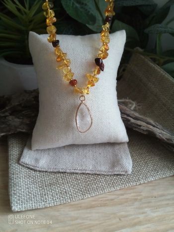 Collier ambre et cristal de roche, pierres naturelles