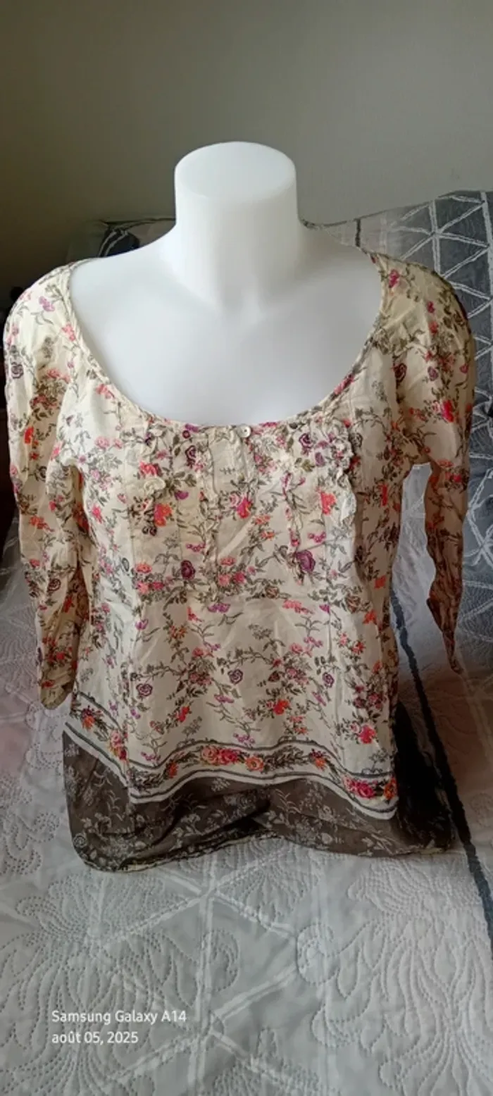 Blouse légère manches 3/4 motif fleurs esprit bohème beige femme 38 promod - photo numéro 5