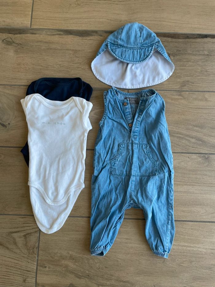 Lot 1 salopette + 1 chapeau + 2 bodies 3-6 mois