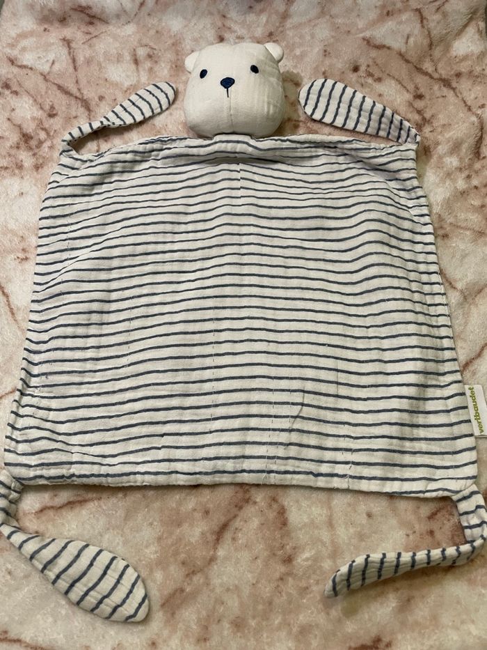 Doudou plat ours lange rayé bleu marine et blanc Vertbaudet