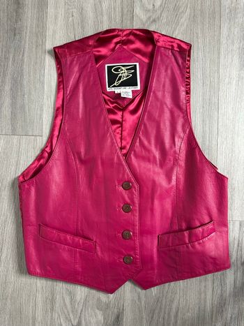 Gilet de costume sans manche en cuir et satin rose fuchsia Vintage T40 L
