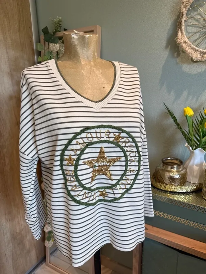 T-shirt manches longues rayé avec inscription, amour, rock ‘n’ roll vintage femme