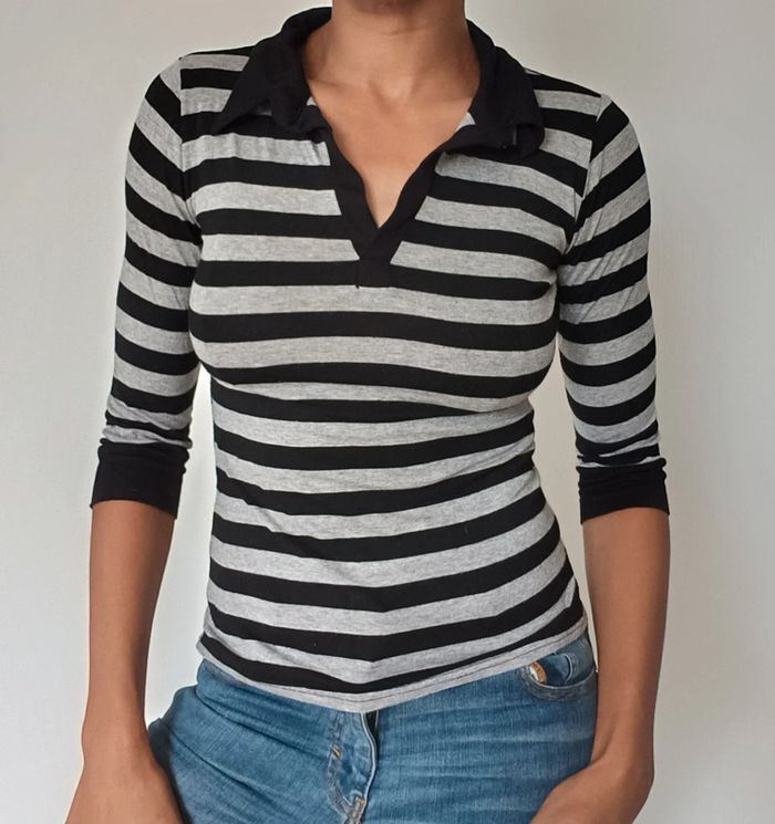 Haut style polo rayé noir/gris T.38