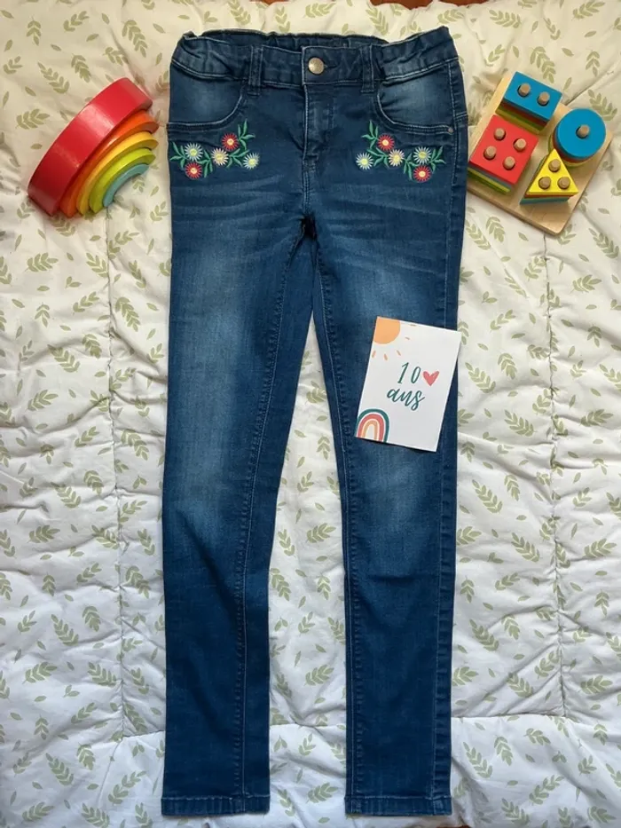 jean bleu skinny avec broderie taille réglable grain de blé 10 ans