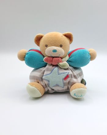 Peluche doudou ours boule KALOO 16 cm beige bleu gris rayures étoile collection 1998-2012 grelot