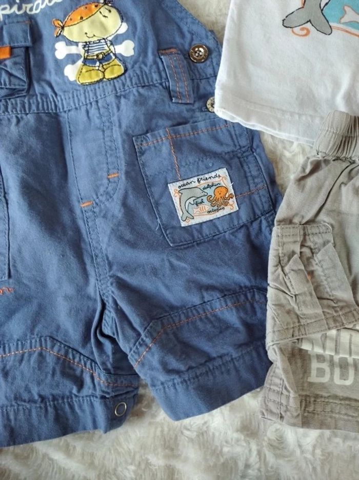 Ensemble (tee shirt+salopette+short) Garçon 6 mois dauphin pieuvre "ocean friends" 100% coton - photo numéro 6