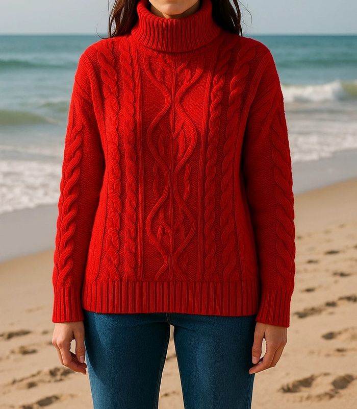 Pull en maille torsadée col roulé rouge Zara - photo numéro 3