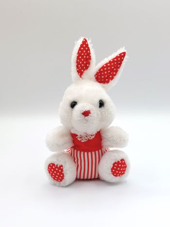 Petite peluche ancien doudou lapin blanc rouge nœud pois rayures 20 cm vintage