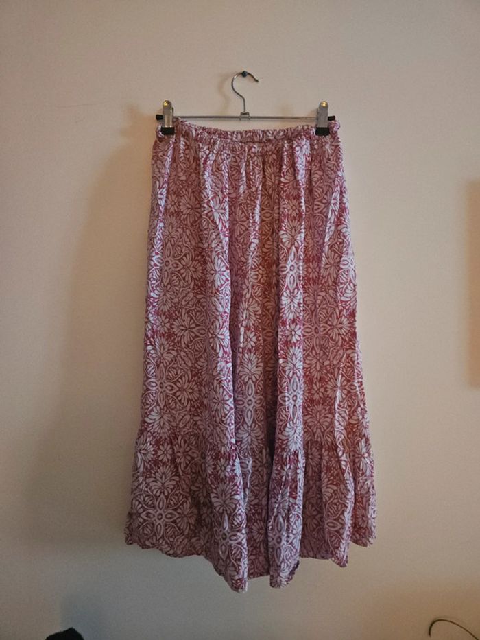 Jupe longue légère à volants, motif bohème, rouge et blanc, taille S/M