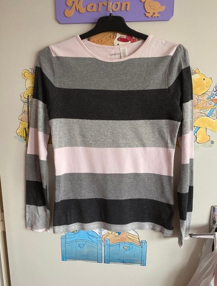 Tee shirt rose clair, gris et noir à manches longues, taille 14 ans, marque Okaidi.