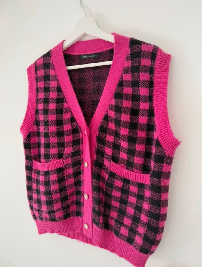 Gilet sans manches rose et noir à carreaux - photo numéro 2