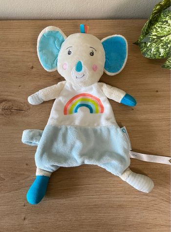 Doudou plat koala Bleu Blanc arc en ciel attache  sucette bébé confort