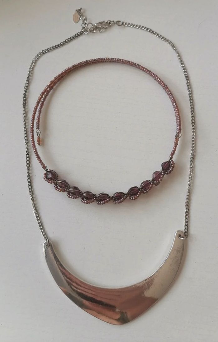 Lot de 2 collier métal argenté violet irisé perles de verre - photo numéro 13