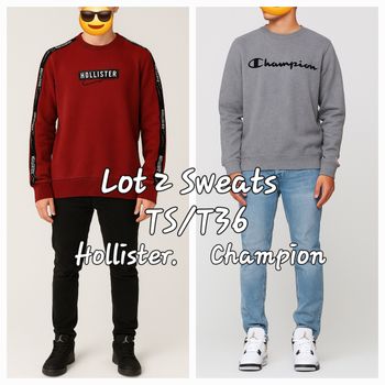 Lot 2 Sweats- TS/T36 - Sweat Gris Champion & Sweat Bordeaux Hollister en TBE
