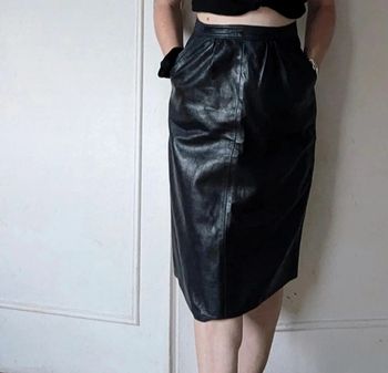 💎 jupe en cuir midi noir sexy rockabilly créateur français vintage GMG rare authentique taille XS 34