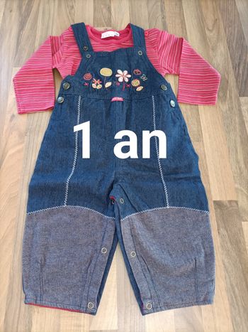 Ensemble neuf tee-shirt et salopette jean fleuri 1 an Pick Ouic