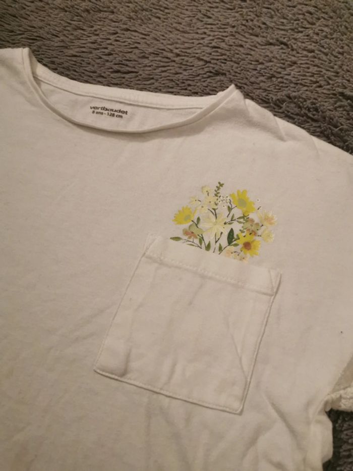 T-shirt blanc poche à fleurs 8 ans Verbaudet - photo numéro 2