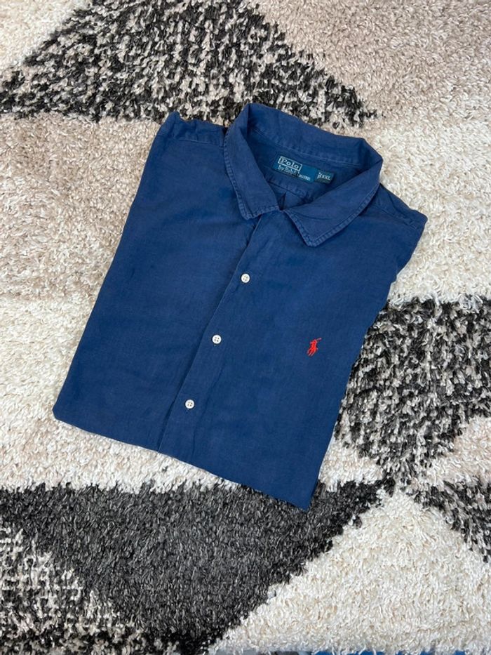 Chemisette Ralph Lauren en lin bleu marine logo rouge taille XXL style old money
