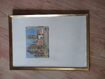 tableau cadre noir et doré peinture aquarelle Eglise de Ste Marina 51,5 x 35,5 cm