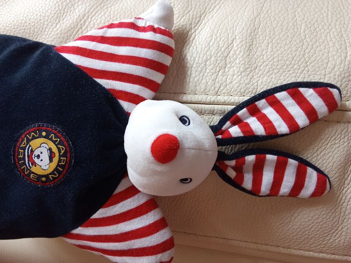 Doudou lapin Jemini vintage ancien peluche blanc blanche bleu marine foncé matelot marin  mer rayures rayé blanc  rouge  nez rouge  comme clown - photo numéro 6