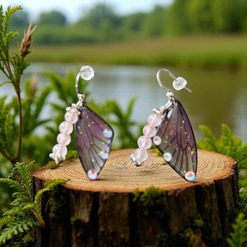 Boucles d’oreilles Papillon Violettes – Résine & Quartz Rose  