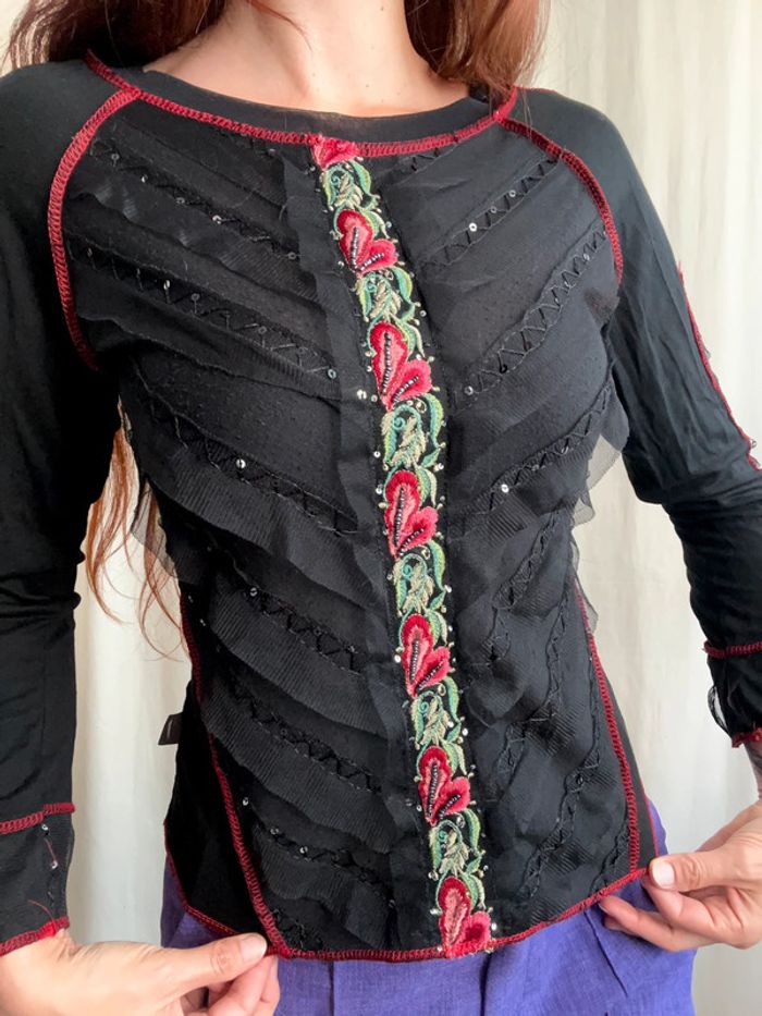Blouse broderies sequins coutures visibles Goth Whimsigoth vintage made in France 🇫🇷 90s - Taille M - photo numéro 2
