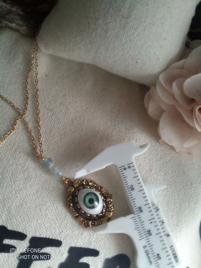 Collier oeil et pierres aigue marine et sélénite - photo numéro 4