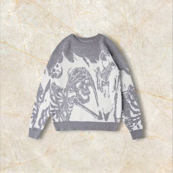 Knit Squelette Feu Sweater Y2K Vintage Oversized 90s Taille M – Crewneck Old School Americain Streetwear