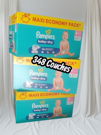 348 couches Pampers taille 4 Baby dry lot de 3 cartons 