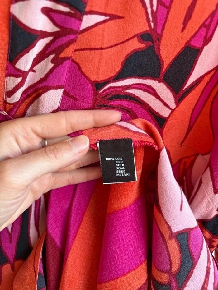 Robe à motifs fleuris rose et rouge, 100% soie, taille 36/38 - Antik Batik - photo numéro 7