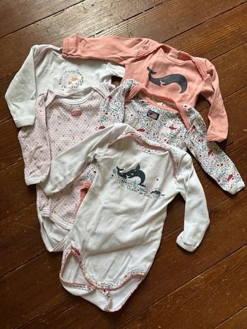 Lot Absorba 5 bodys manches longues roses baleines abeilles 6 mois
