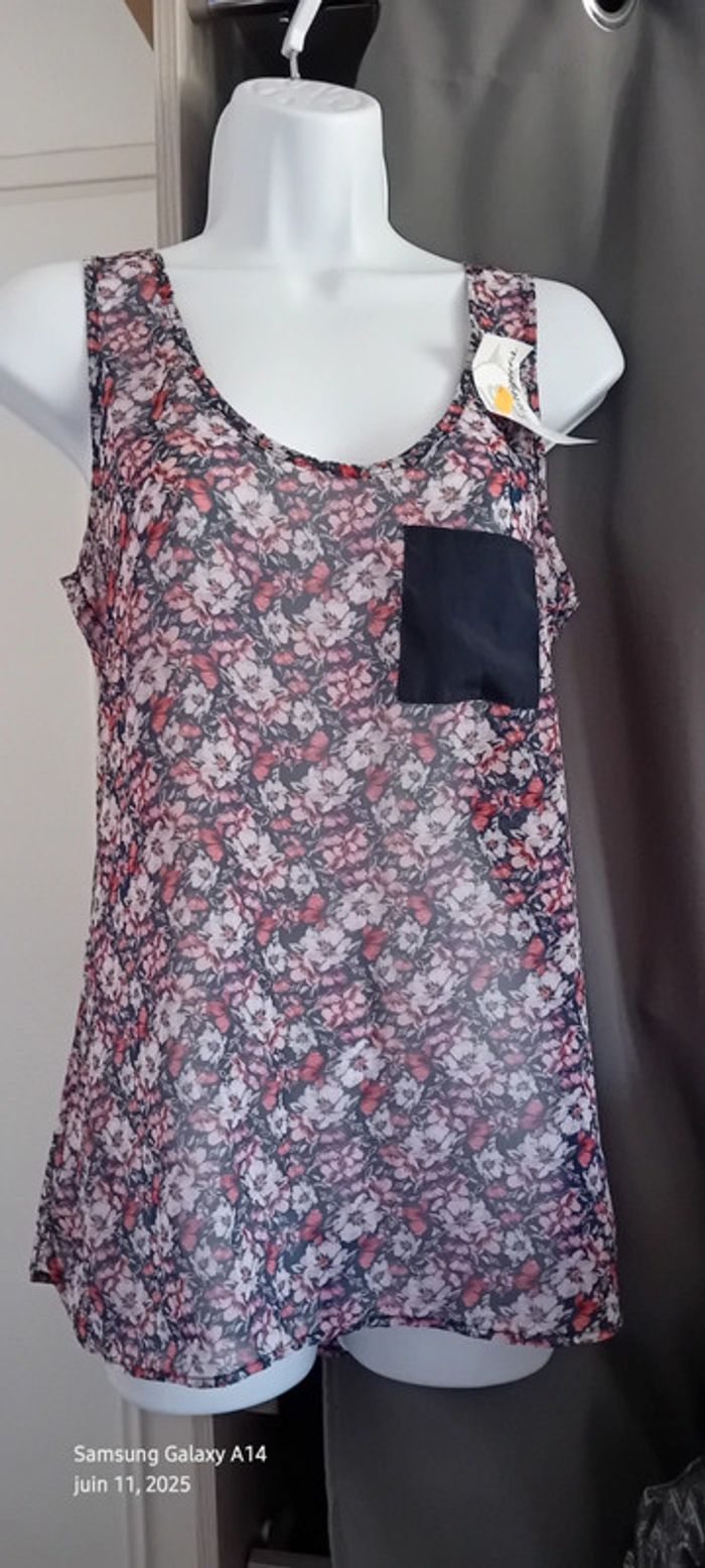 Débardeur long en voile avec poche imprimé fleurs rose femme 36 warehouse - photo numéro 3