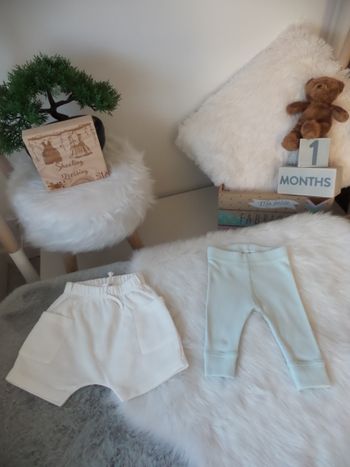 Jolie lot 1 short large en coton blanc et 1 legging bleu tres clair mixte 1mois 3mois 62cm zara