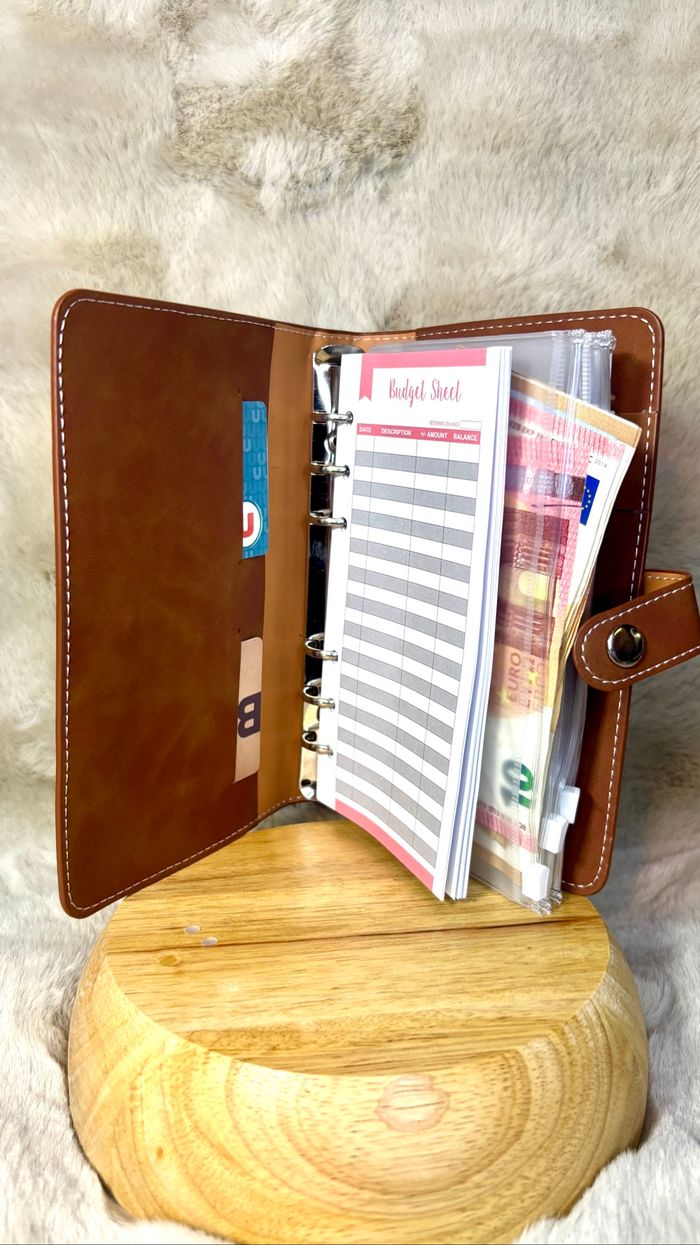 Organisateur budgétaire A6 neuf en similicuir marron – classeur d’économie élégant avec pochettes et bouton-pression - photo numéro 3