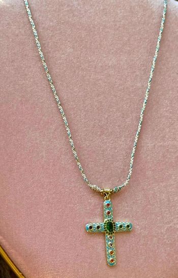 Collier cordons tressé croix xl acier inoxydable or résine turquoise cristaux habaha Paris