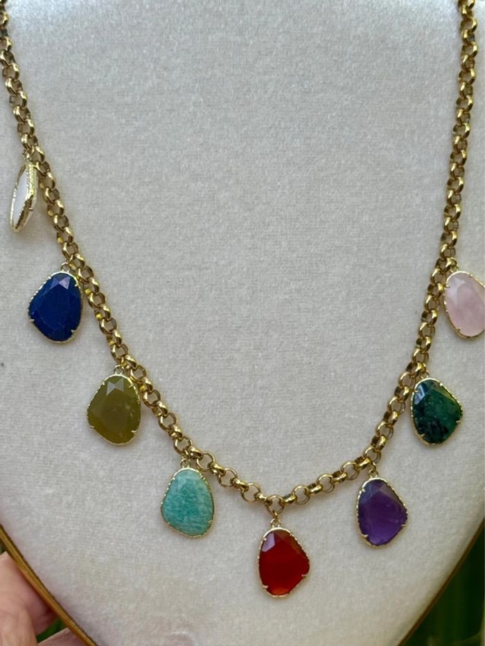collier mailles épaisses acier inoxydable or habaha Paris pavés pierres naturelles véritables - photo numéro 2