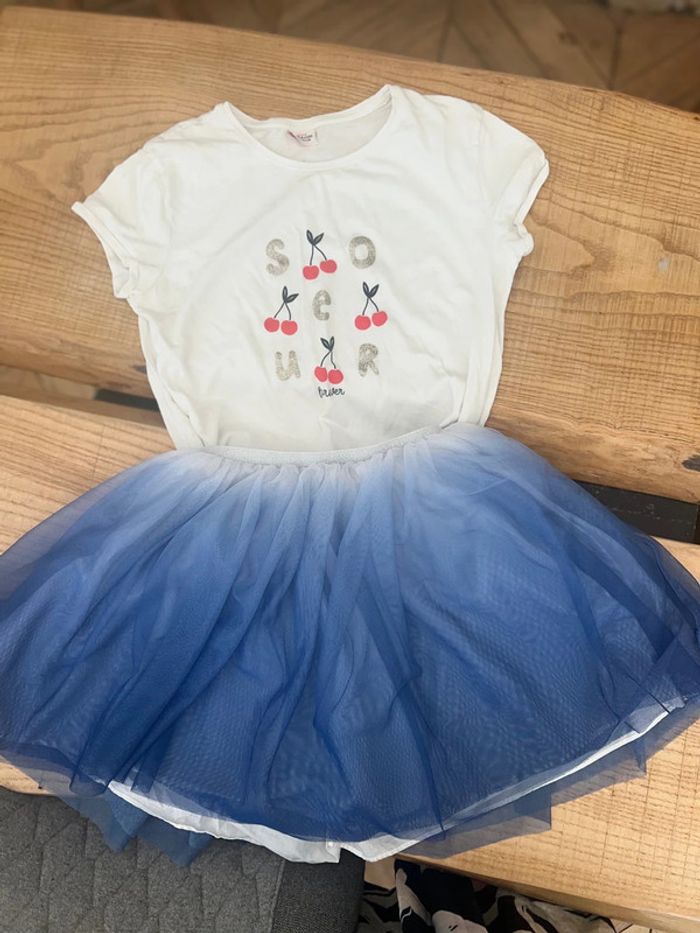 Ensemble okaidi tape à l’œil 12 14 ans jupe été voilage bleu t-shirt cerise fille tulle tutu