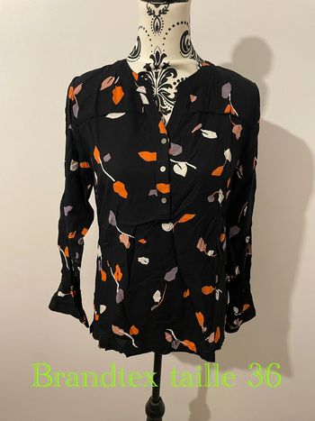 Blouse manche longue noir à motifs multicolore bouton col V neuf brandtex taille 36